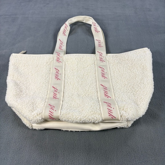 PINK Victoria's Secret Handbags - Victoria's Secret PINK Sherpa Tote Bag Cream Fleece Logo Strap Large Travel Zip